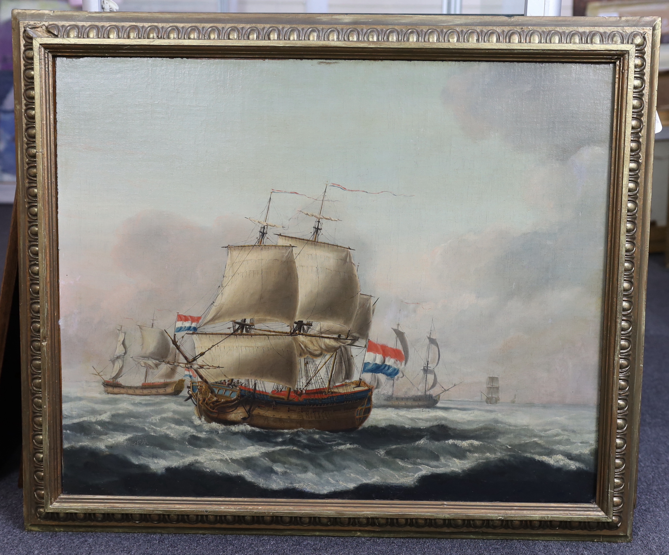 Manner of Hendrick Cornelisz Vroom (Dutch, 1566-1640), Warships at sea, oil on canvas, 56 x 69cm